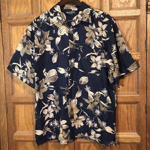 Brandini Pure Silk Hawaiian Shirt Men's L Navy Tan Floral SS Top Loop Button Up - Picture 3 of 11